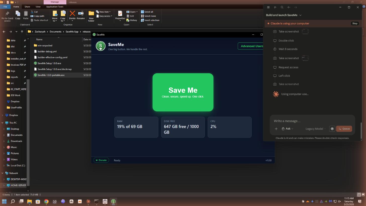 SaveMe main window with the Save Me cleanup button and donate link